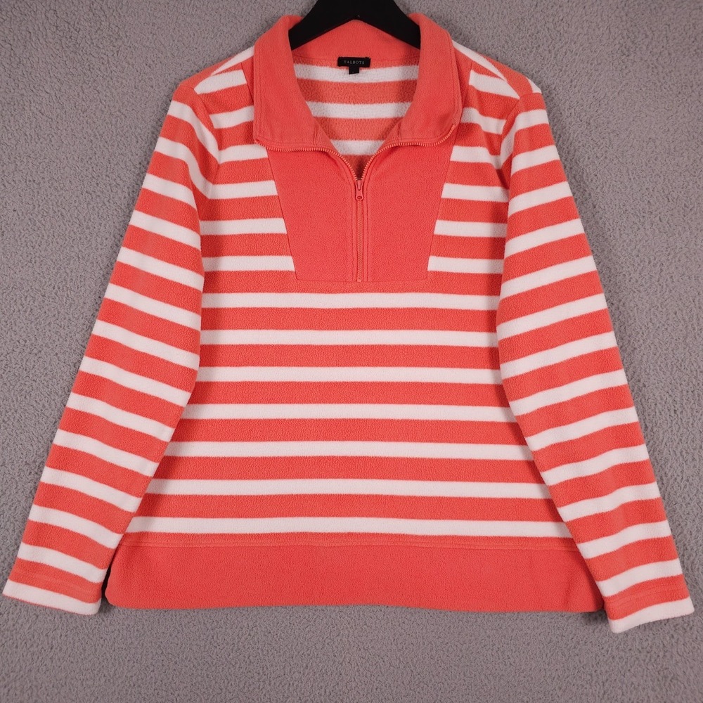 Talbots Pullover Womens Large Coral White Harbor Stripe 1/2 Zip Microfleece Top